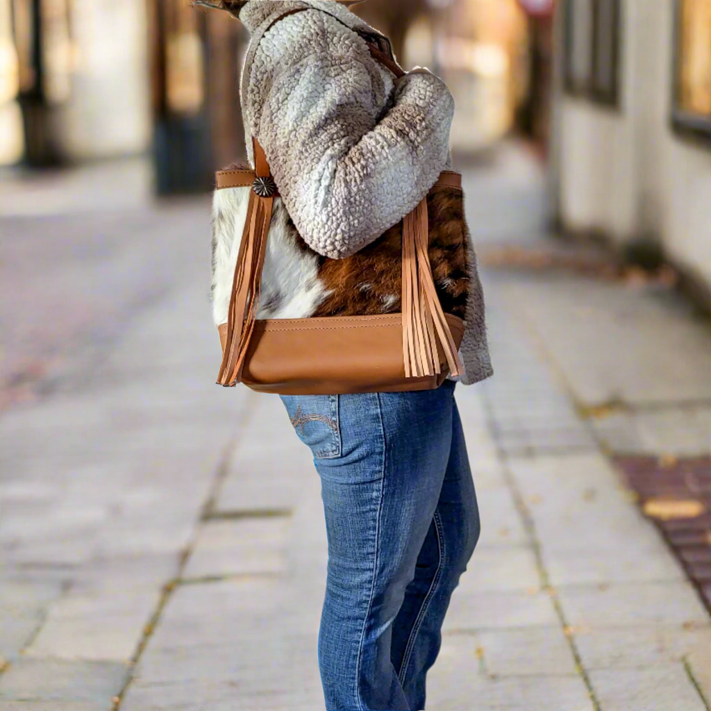 Western Cowhide Leather Tote Bag with Fringe