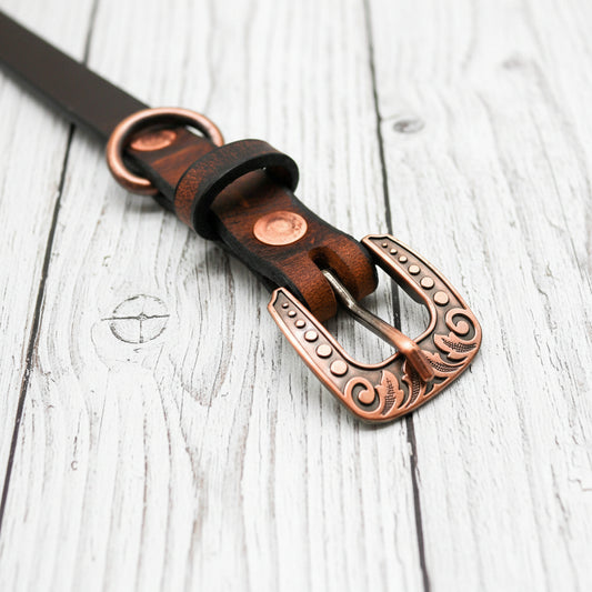 Brown Leather Dog Collar With Name - Personalized Crazy Horse Water Buffalo Leather, Copper Hardware, Leather Pet Collars