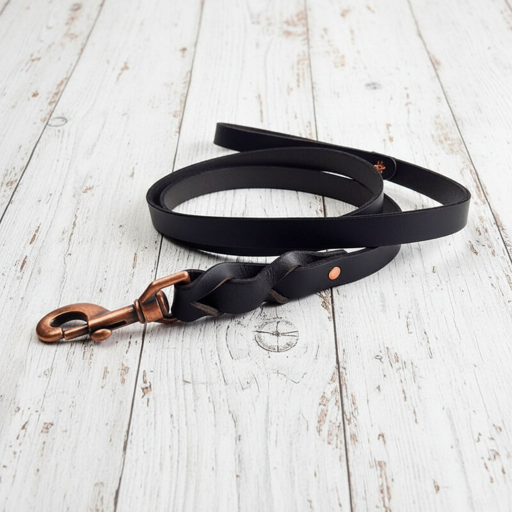 Black Leather Water Buffalo Dog Leash