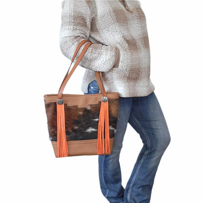 Western Tri-Color Cowhide Leather Tote Bag - Orange Fringe