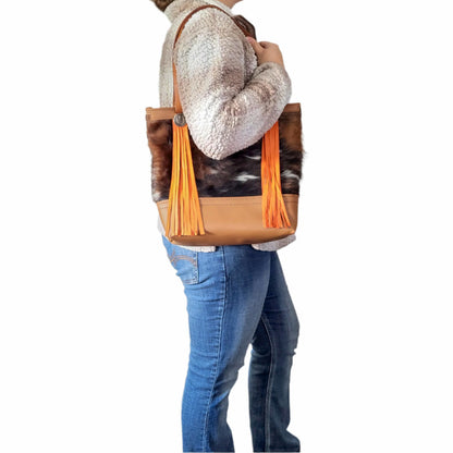 Western Tri-Color Cowhide Leather Tote Bag - Orange Fringe