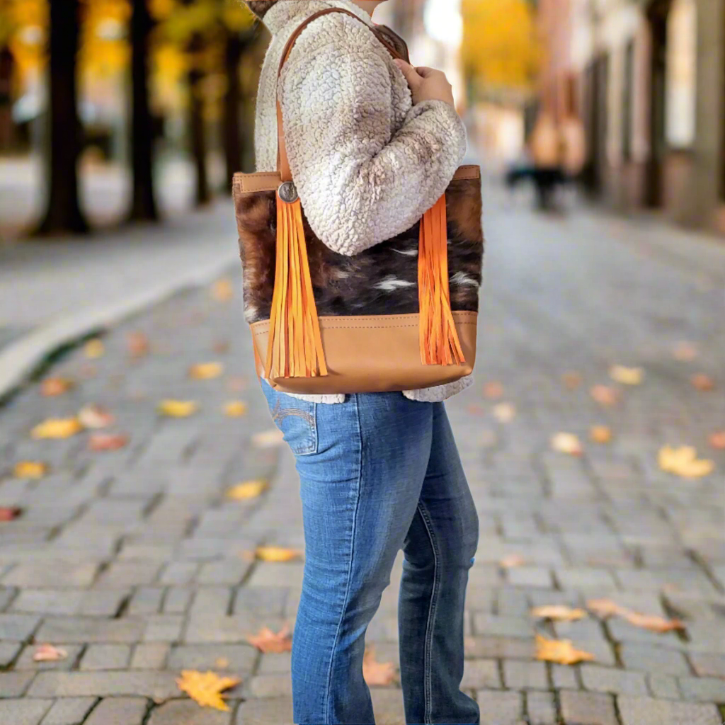 Western Tri-Color Cowhide Leather Tote Bag - Orange Fringe