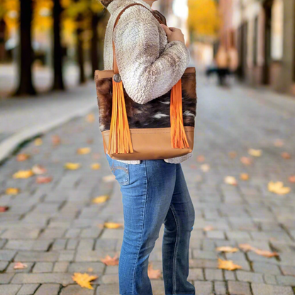 Western Tri-Color Cowhide Leather Tote Bag - Orange Fringe