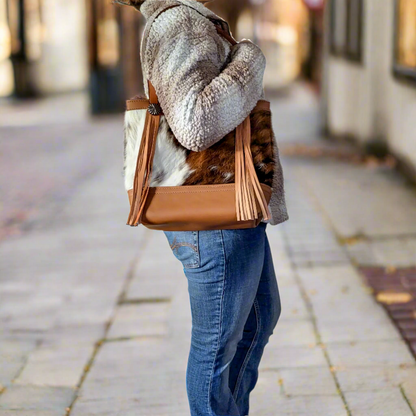 Western Tri-Color Cowhide Leather Tote Bag - Brown Fringe