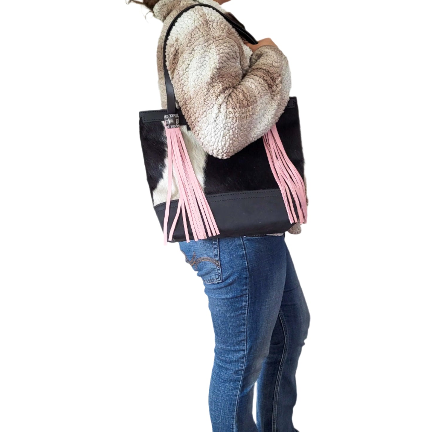 Western Black & White Cowhide Leather Tote Bag - Pink Fringe