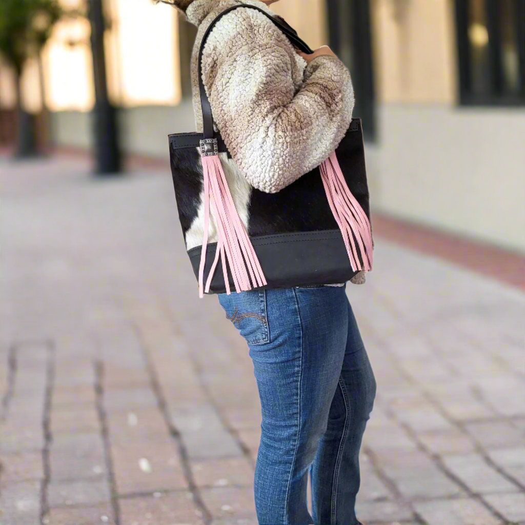 Western Black & White Cowhide Leather Tote Bag - Pink Fringe