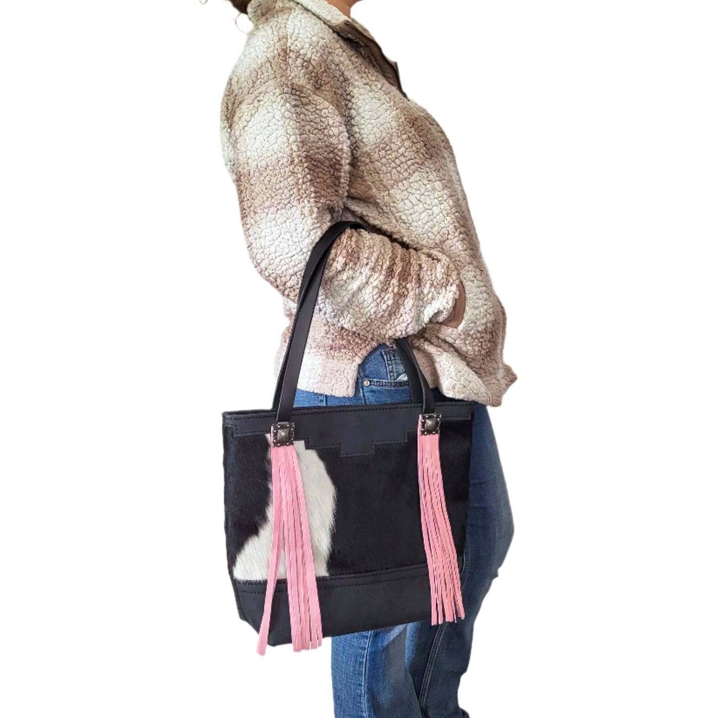 Western Black & White Cowhide Leather Tote Bag - Pink Fringe