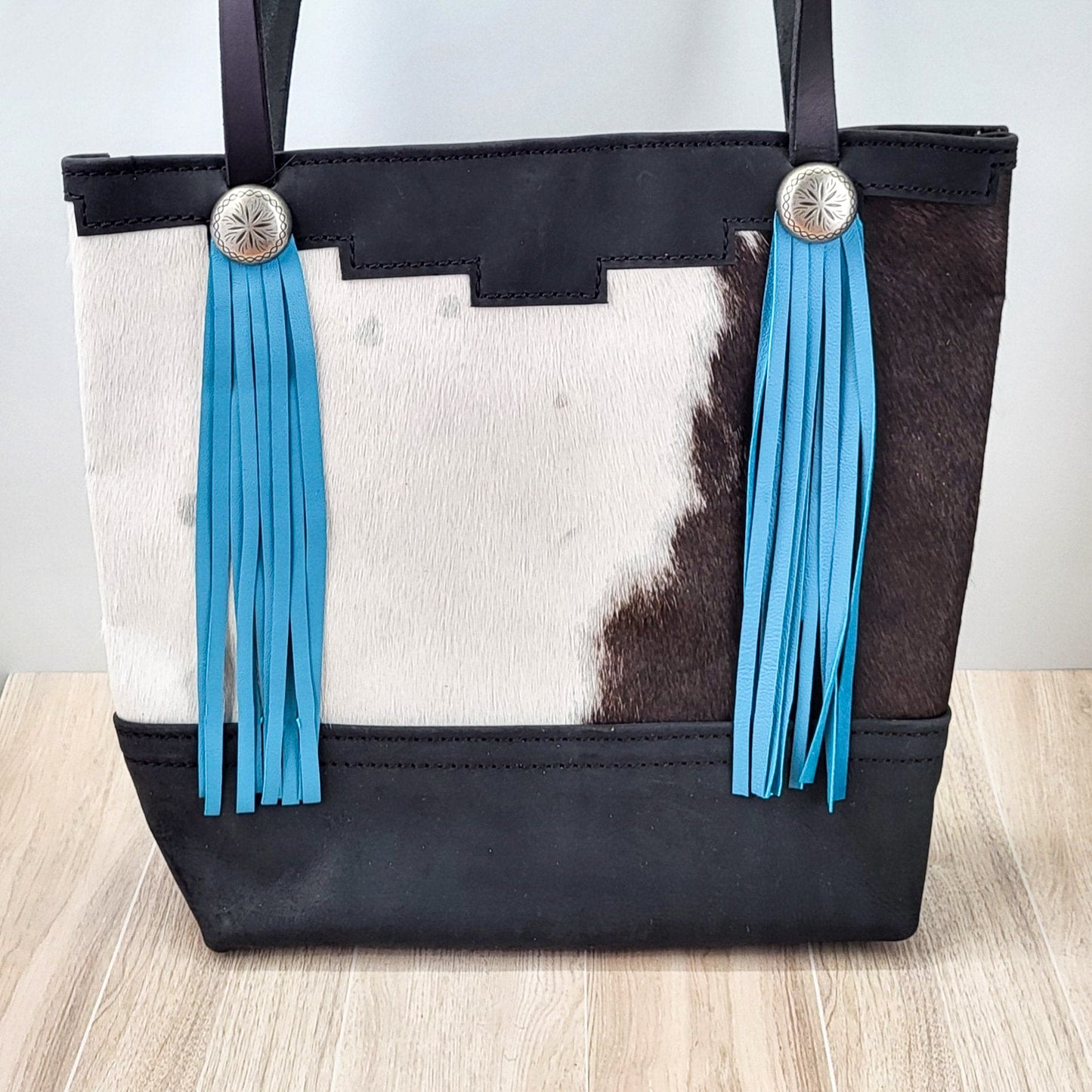 Western Black & White Cowhide Leather Tote Bag - Turquoise Fringe