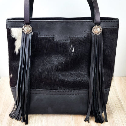 Western Black & White Cowhide Leather Tote Bag - Black Fringe