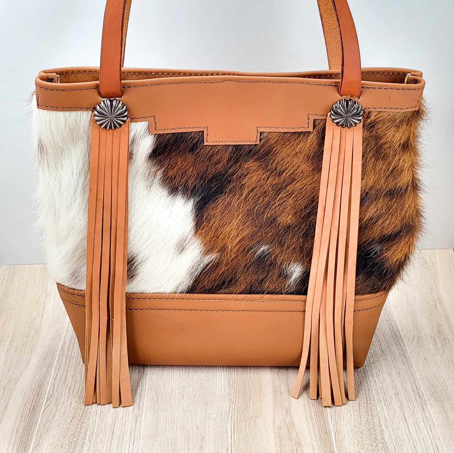 Western Tri-Color Cowhide Leather Tote Bag - Brown Fringe