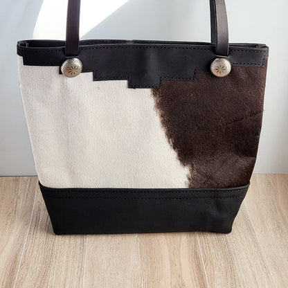 Western Black & White Cowhide Leather Tote Bag - Turquoise Fringe