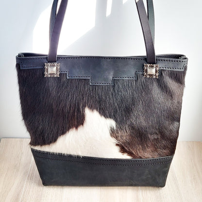 Western Black & White Cowhide Leather Tote Bag - Pink Fringe