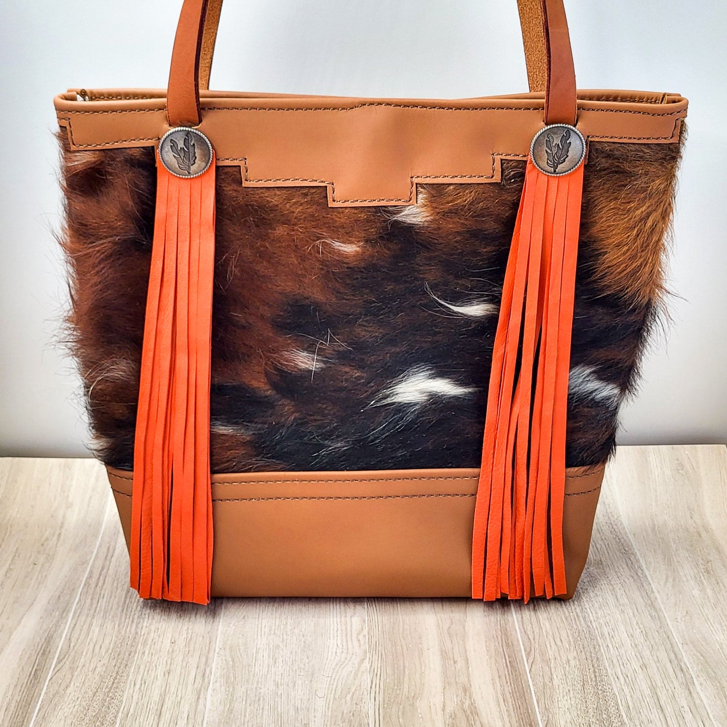 Western Tri-Color Cowhide Leather Tote Bag - Orange Fringe