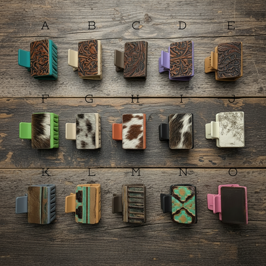 Various decorative clips with different patterns and colors on a wooden background