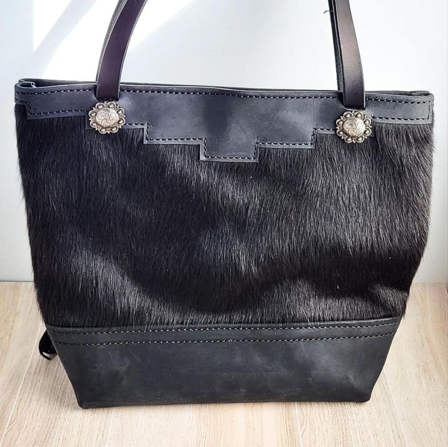 Western Black & White Cowhide Leather Tote Bag - Black Fringe