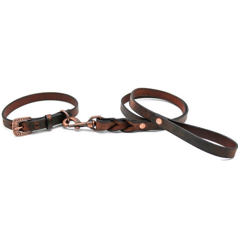 Brown Leather Dog Leash With Name Optional - Personalized Custom Crazy Horse Water Buffalo Leather, Copper Hardware, Leather Pet Leashes