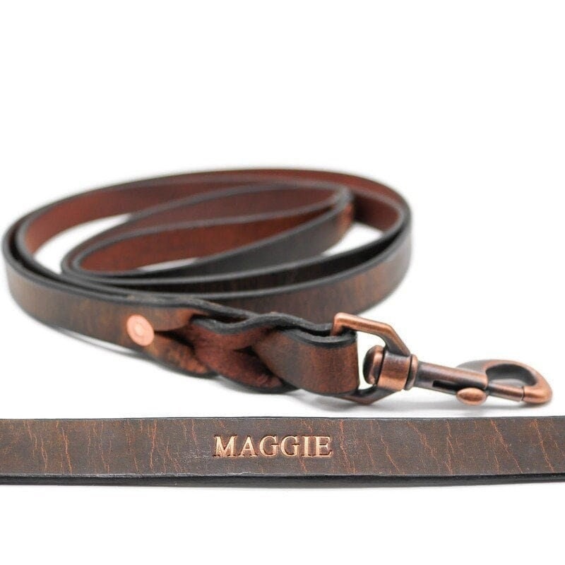 Brown Leather Dog Leash With Name Optional - Personalized Custom Crazy Horse Water Buffalo Leather, Copper Hardware, Leather Pet Leashes