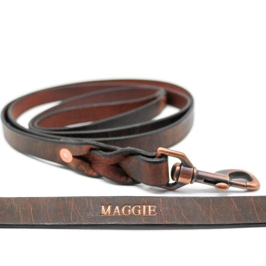 Brown Leather Dog Leash With Name Optional - Personalized Custom Crazy Horse Water Buffalo Leather, Copper Hardware, Leather Pet Leashes