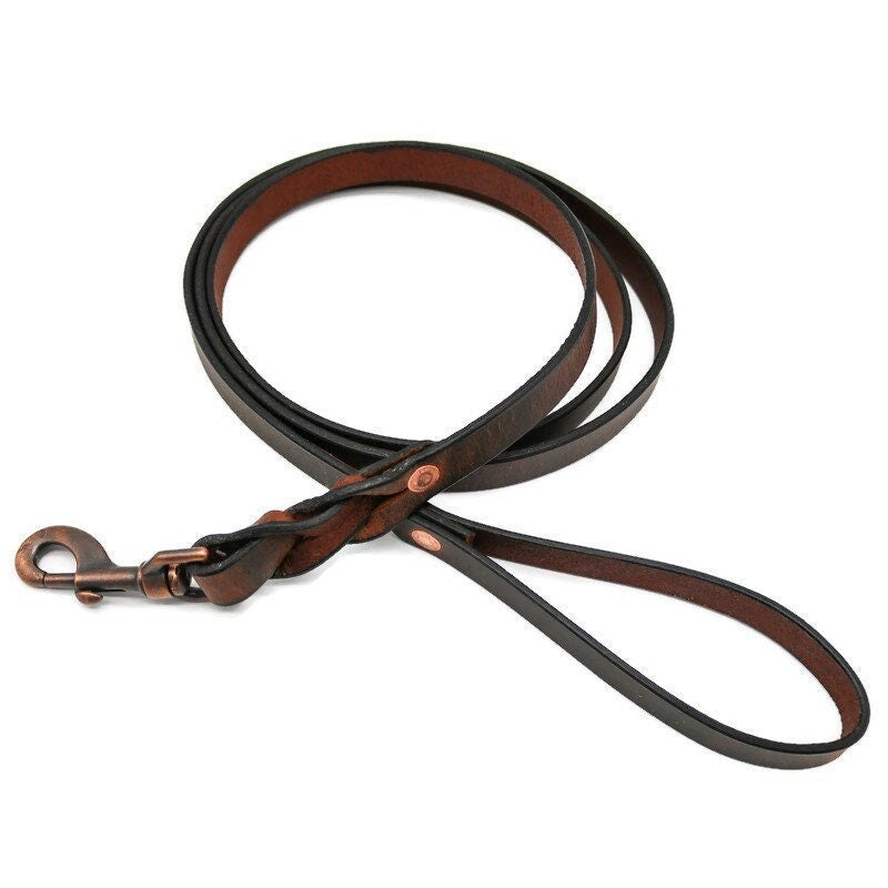 Brown Leather Dog Leash With Name Optional - Personalized Custom Crazy Horse Water Buffalo Leather, Copper Hardware, Leather Pet Leashes