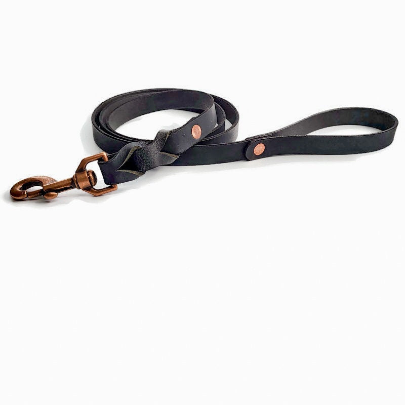 Personalized Black Leather Dog Leash - Water Buffalo Leather, Custom Pet Leash, Copper Swivel Snap, Dog Lover Gift - FREE Shipping