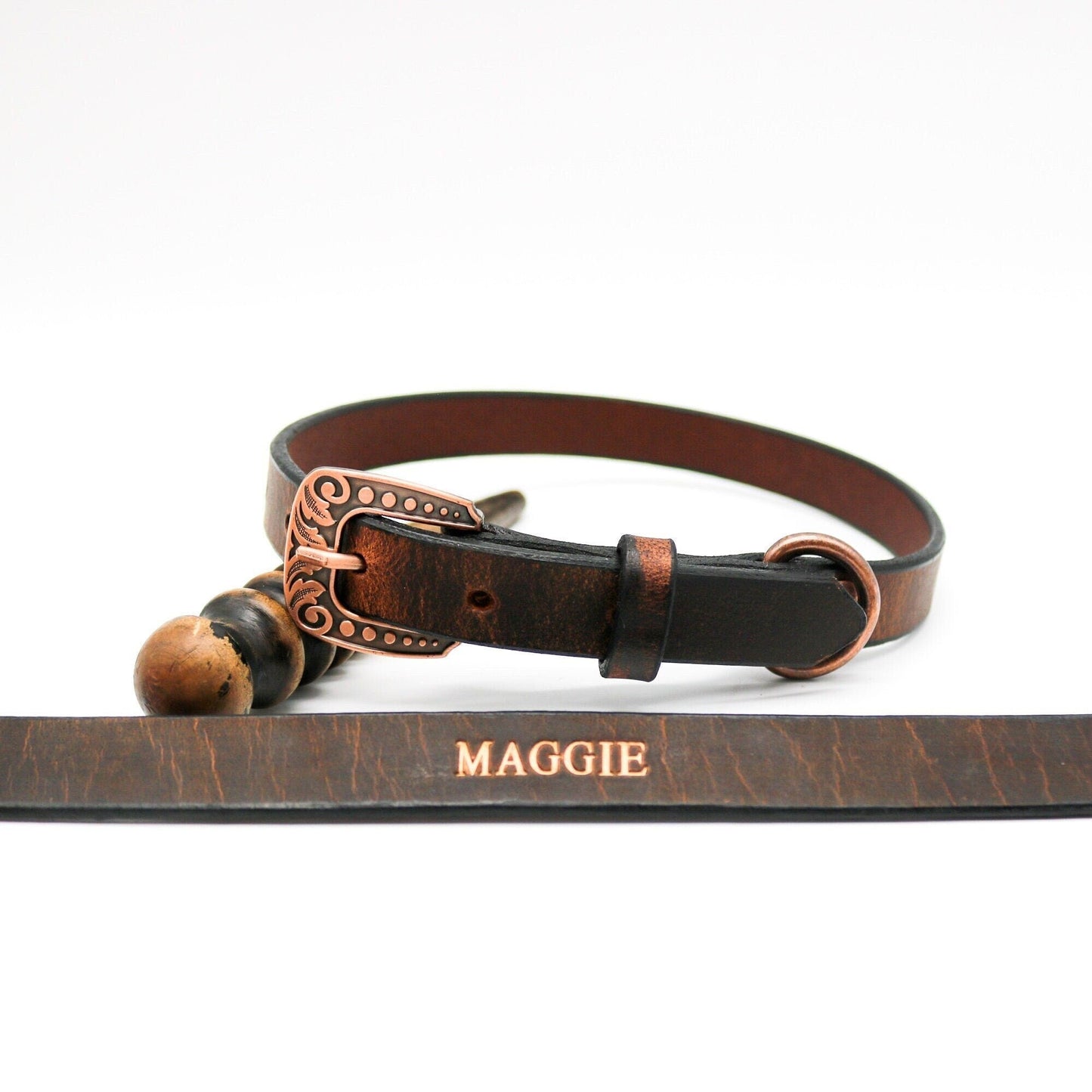 Brown Leather Dog Collar With Name - Personalized Crazy Horse Water Buffalo Leather, Copper Hardware, Leather Pet Collars