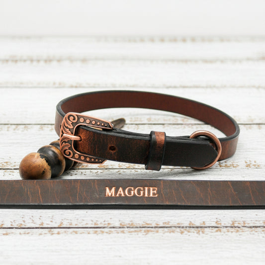 Brown Leather Dog Collar With Name - Personalized Crazy Horse Water Buffalo Leather, Copper Hardware, Leather Pet Collars