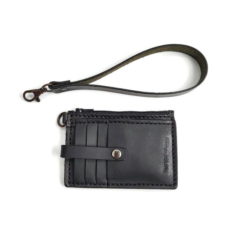Close-up of the matte black wallet with brass keyring and swivel clip attached to the leather wallet for easy carrying.