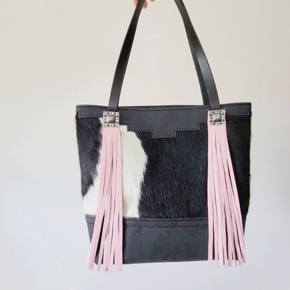 Western Black & White Cowhide Leather Tote Bag - Pink Fringe