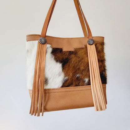 Western Tri-Color Cowhide Leather Tote Bag - Brown Fringe