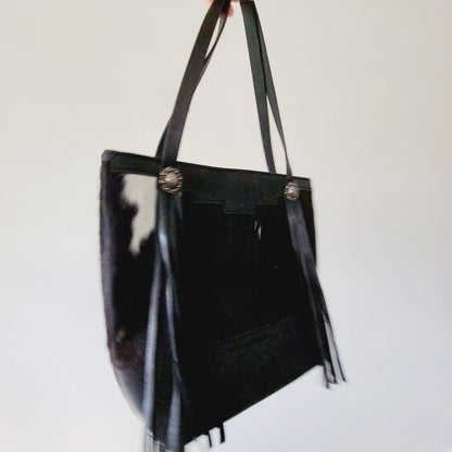 Western Black & White Cowhide Leather Tote Bag - Black Fringe