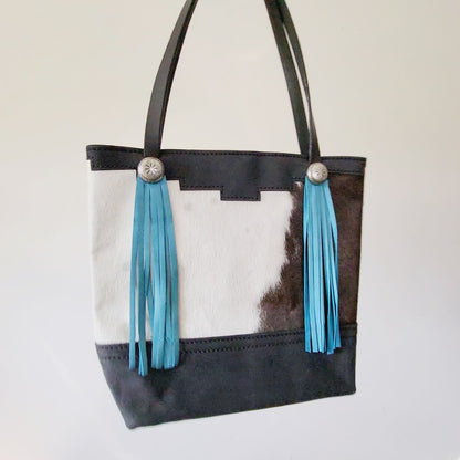 Western Black & White Cowhide Leather Tote Bag - Turquoise Fringe