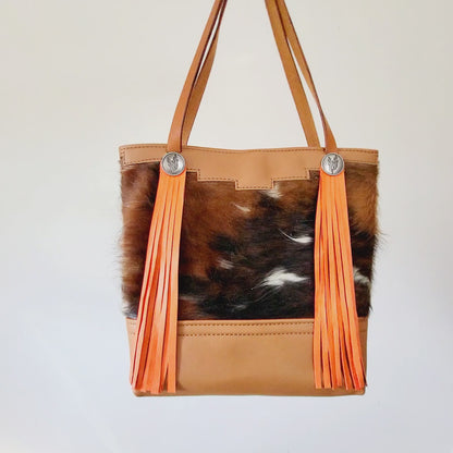 Western Tri-Color Cowhide Leather Tote Bag - Orange Fringe