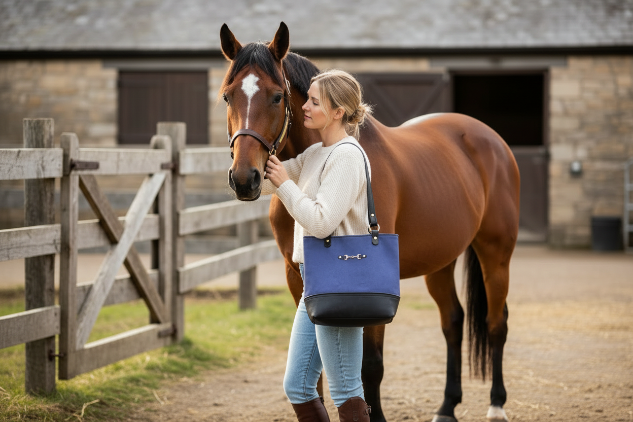 Woman standing next to a horse holding a blue bag in front of a stable.