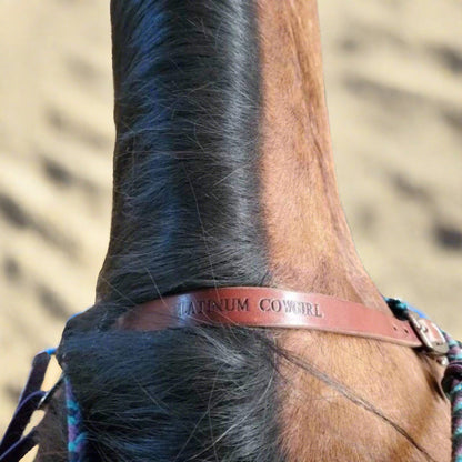 personalized leather wither strap shown on a bay horse holding up a breast collar in a sand arena. Brown leather strap with nickel hardware and black text in the center reading Platinum Cowgirl.