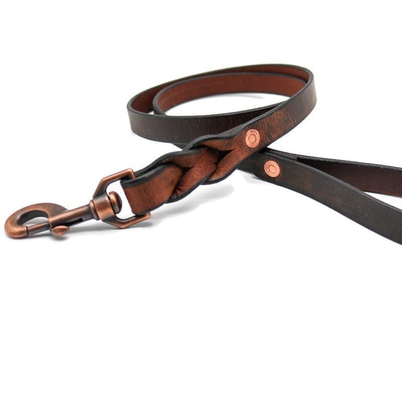 Brown Leather Dog Leash With Name Optional - Personalized Custom Crazy Horse Water Buffalo Leather, Copper Hardware, Leather Pet Leashes